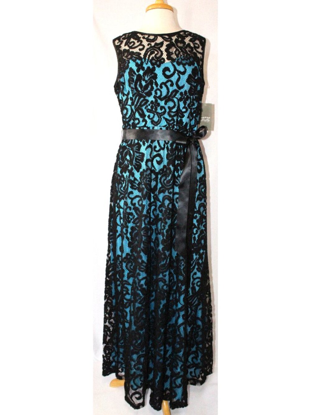 Sally Fashion #8749 Long Stretch Lace Maxi Formal Gown-Size XL-BLACK/TURQUOISE